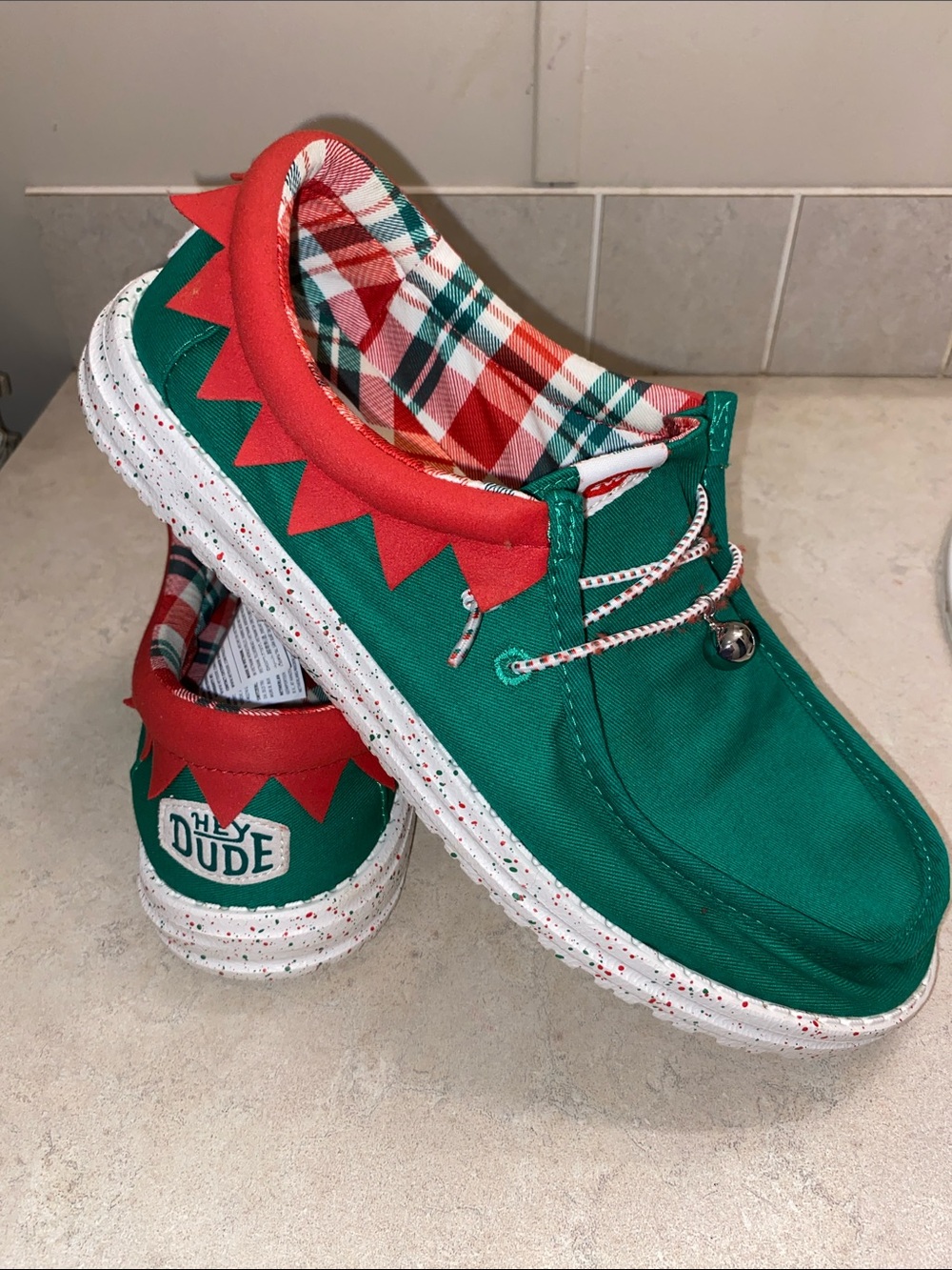 Hey Dude Elf Christmas Green Canvas Slip-Ons with Red Trim